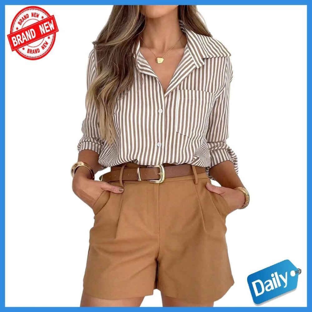 Striped Long Sleeve Button Down Shirt Wrinkle-Free Office Casual